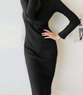 photo Elegant Black Mock Neck Ribbed Knit Bodycon Dress by OASAP, color Black - Image 8