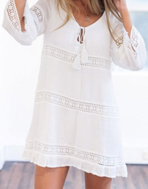 photo Elegant White Crochet Paneled Mini Shift Dress by OASAP, color White - Image 1