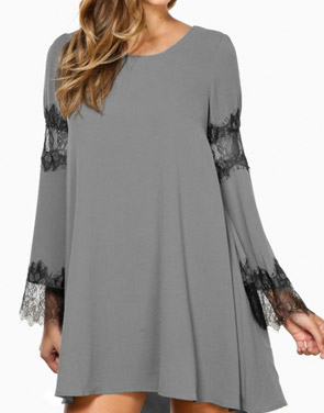 photo Fancy Lace-Paneled Flare Sleeve Trapeze Dress by OASAP, color Grey - Image 1