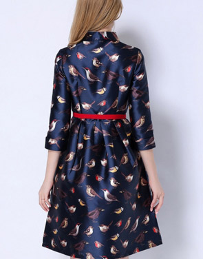 photo Fashion Birds Printing Stand Collar Dress by OASAP, color Deep Blue - Image 2