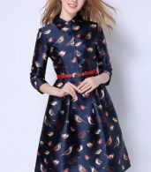 photo Fashion Birds Printing Stand Collar Dress by OASAP, color Deep Blue - Image 1