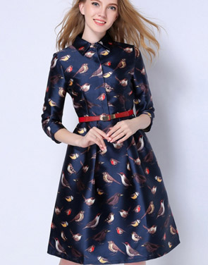 photo Fashion Birds Printing Stand Collar Dress by OASAP, color Deep Blue - Image 1