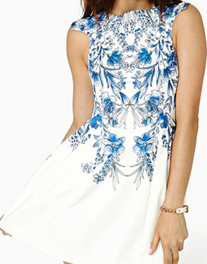 photo Fashion Blue and White Porcelain Print A-Line Dress by OASAP, color Multi - Image 2