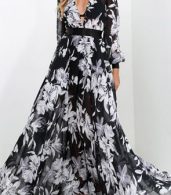 photo Fashion Deep V-Neck Floral Print Chiffon Maxi Dress by OASAP, color Black White - Image 2