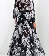 photo Fashion Deep V-Neck Floral Print Chiffon Maxi Dress by OASAP, color Black White - Image 3