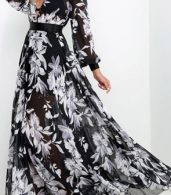 photo Fashion Deep V-Neck Floral Print Chiffon Maxi Dress by OASAP, color Black White - Image 4