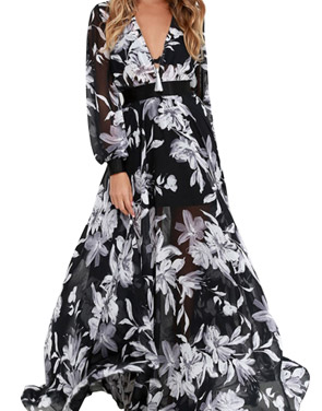 photo Fashion Deep V-Neck Floral Print Chiffon Maxi Dress by OASAP, color Black White - Image 1