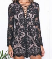 photo Fashion Lace-up Front Frayed Lace Dress by OASAP, color Black - Image 10