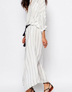 photo Fashion Long Sleeve Vertical Stripe Slit Maxi Dress by OASAP, color White - Image 2