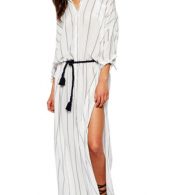 photo Fashion Long Sleeve Vertical Stripe Slit Maxi Dress by OASAP, color White - Image 1
