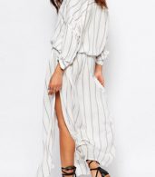photo Fashion Long Sleeve Vertical Stripe Slit Maxi Dress by OASAP, color White - Image 3