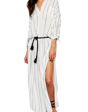 photo Fashion Long Sleeve Vertical Stripe Slit Maxi Dress by OASAP, color White - Image 1