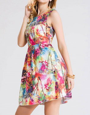 photo Fashion Print Round Neck Sleeveless A-Line Dress by OASAP, color Multi - Image 2