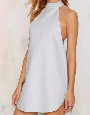 photo Fashion PU Leather Side Slit Halter Sleeveless Dress by OASAP, color White - Image 1
