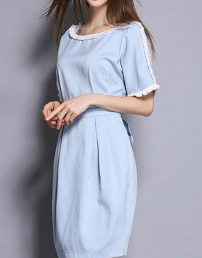 photo Fashion Round Neck Short Sleeve Back Bow Tie Dress by OASAP, color Light Blue - Image 2