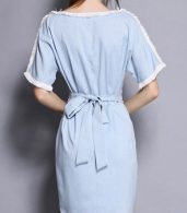 photo Fashion Round Neck Short Sleeve Back Bow Tie Dress by OASAP, color Light Blue - Image 3