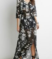 photo Fashion Sheer Floral Print Three Quarter Sleeve Maxi Dress by OASAP, color Black - Image 1