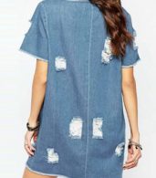 photo Fashion Short Sleeve Distressed Denim Shift Dress by OASAP, color Blue - Image 2