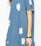 photo Fashion Short Sleeve Distressed Denim Shift Dress by OASAP, color Blue - Image 3