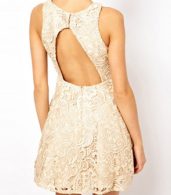 photo Fashion Sleeveless Backless Lace Mini Skater Dress by OASAP, color Light Yellow - Image 2