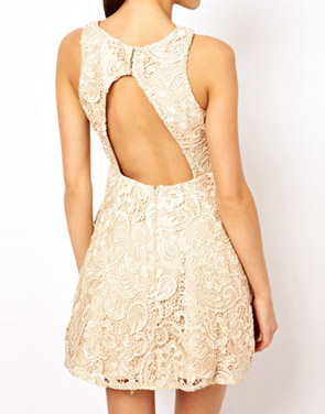 photo Fashion Sleeveless Backless Lace Mini Skater Dress by OASAP, color Light Yellow - Image 2