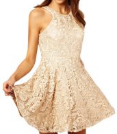 photo Fashion Sleeveless Backless Lace Mini Skater Dress by OASAP, color Light Yellow - Image 1
