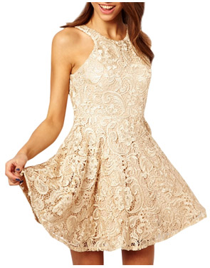 photo Fashion Sleeveless Backless Lace Mini Skater Dress by OASAP, color Light Yellow - Image 1