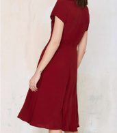 photo Fashion Solid Lace-Up Front Short Sleeve High Waist Dress by OASAP, color Burgundy - Image 2