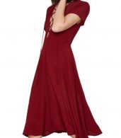 photo Fashion Solid Lace-Up Front Short Sleeve High Waist Dress by OASAP, color Burgundy - Image 1