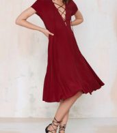 photo Fashion Solid Lace-Up Front Short Sleeve High Waist Dress by OASAP, color Burgundy - Image 3