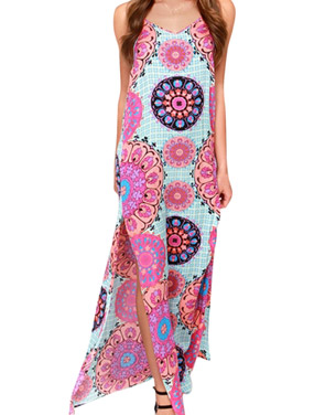 photo Fashion Spaghetti Strap Floral Print Slit Maxi Dress by OASAP, color Multi - Image 1