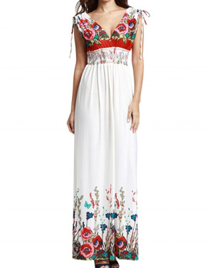 photo Fashion Summer V-Neck Sleeveless Floral Print Maxi Dress by OASAP, color White - Image 1