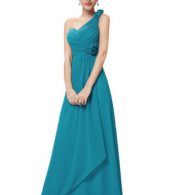 photo Fashion Teal Ruched Bust Flower One Shoulder Long Bridesmaids Dress by OASAP, color Peacock Blue - Image 3