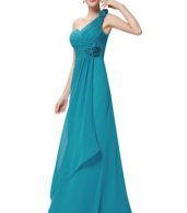 photo Fashion Teal Ruched Bust Flower One Shoulder Long Bridesmaids Dress by OASAP, color Peacock Blue - Image 4