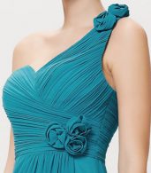 photo Fashion Teal Ruched Bust Flower One Shoulder Long Bridesmaids Dress by OASAP, color Peacock Blue - Image 5
