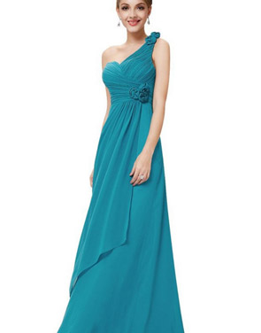 photo Fashion Teal Ruched Bust Flower One Shoulder Long Bridesmaids Dress by OASAP, color Peacock Blue - Image 1