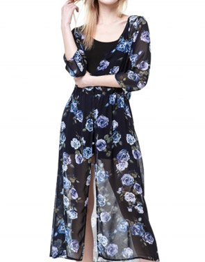 photo Fashion V-Neck Floral Print Front Slit Midi Dress by OASAP - Image 1