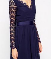 photo Fashion V-Neck Long Lace Sleeve Mini Skater Dress by OASAP, color Deep Blue - Image 2