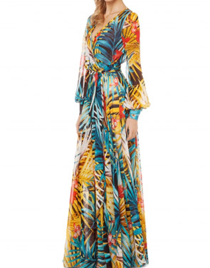 photo Fashion V-Neck Long Sleeve Tie Waist Printed Maxi Dress by OASAP, color Multi - Image 2