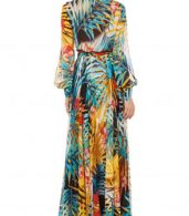 photo Fashion V-Neck Long Sleeve Tie Waist Printed Maxi Dress by OASAP, color Multi - Image 3