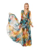 photo Fashion V-Neck Long Sleeve Tie Waist Printed Maxi Dress by OASAP, color Multi - Image 6