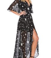 photo Fashion Women Pentagram Print High Slit Chiffon Dress by OASAP, color Black White - Image 2