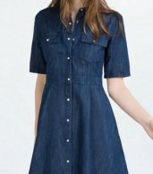 photo Fashion Women Stand Collar Snap Button Front Denim Dress by OASAP, color Deep Blue - Image 2