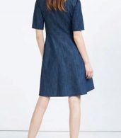 photo Fashion Women Stand Collar Snap Button Front Denim Dress by OASAP, color Deep Blue - Image 3