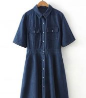 photo Fashion Women Stand Collar Snap Button Front Denim Dress by OASAP, color Deep Blue - Image 6