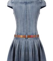 photo Flattering Solid Cap Sleeve Buttoned Denim Dress by OASAP, color Blue - Image 2
