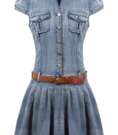 photo Flattering Solid Cap Sleeve Buttoned Denim Dress by OASAP, color Blue - Image 1