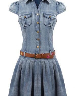 photo Flattering Solid Cap Sleeve Buttoned Denim Dress by OASAP, color Blue - Image 1