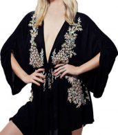 photo Floral Embroidery Print Deep V-Neck Drawstring Waist Dress by OASAP - Image 1