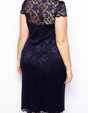 photo Floral Lace Crochet Deep V-Neck Scalloped Bodycon Dress by OASAP, color Navy - Image 2